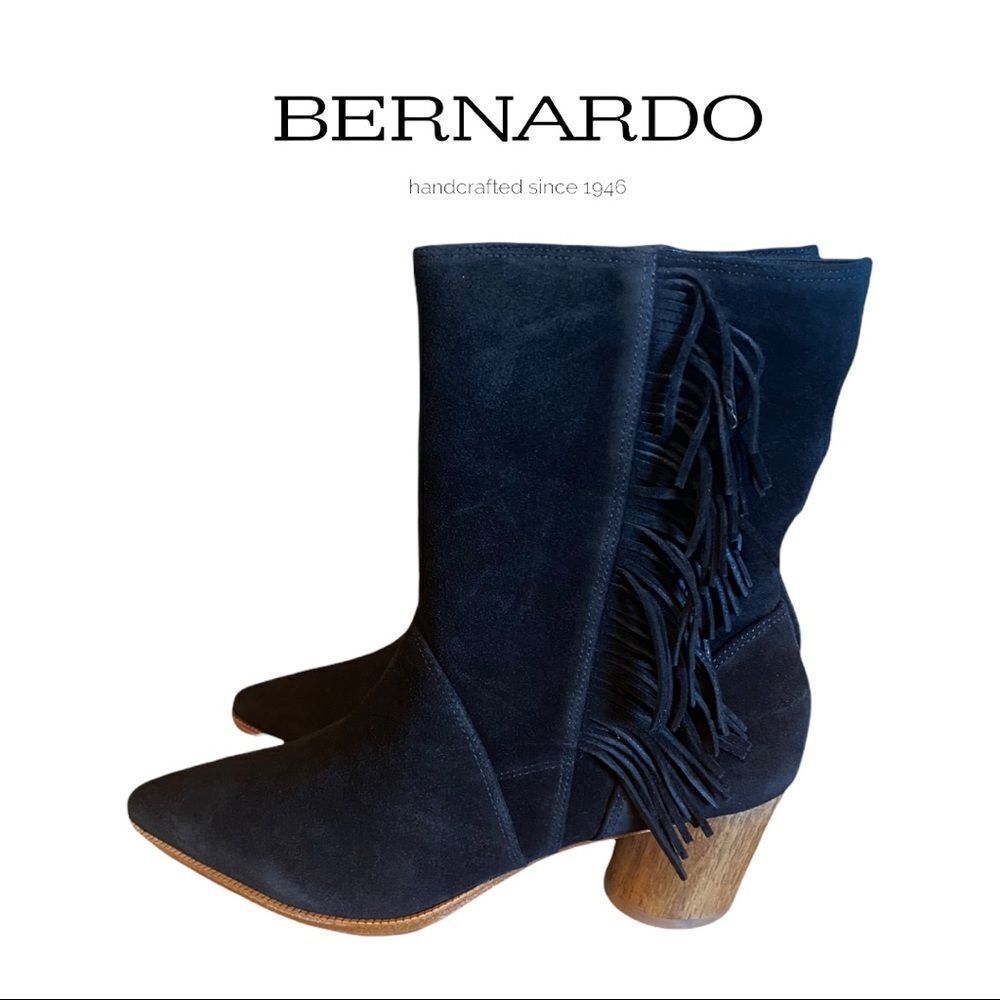 New Anthropologie BERNARDO Felix Black Fringe Suede Leather Heeled Boots 11 11M